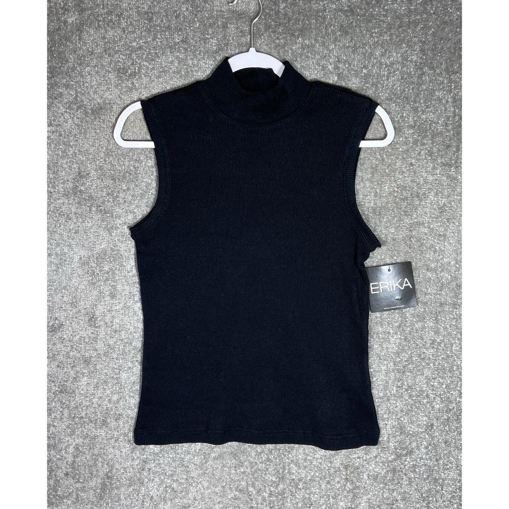 Erika Sleeveless Ribbed Knit Top‎ Womens Size Medium Black Cotton Mock Neck New
